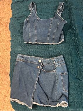 Denim Crop Tank and Wrap Skort Set - Medium Blue